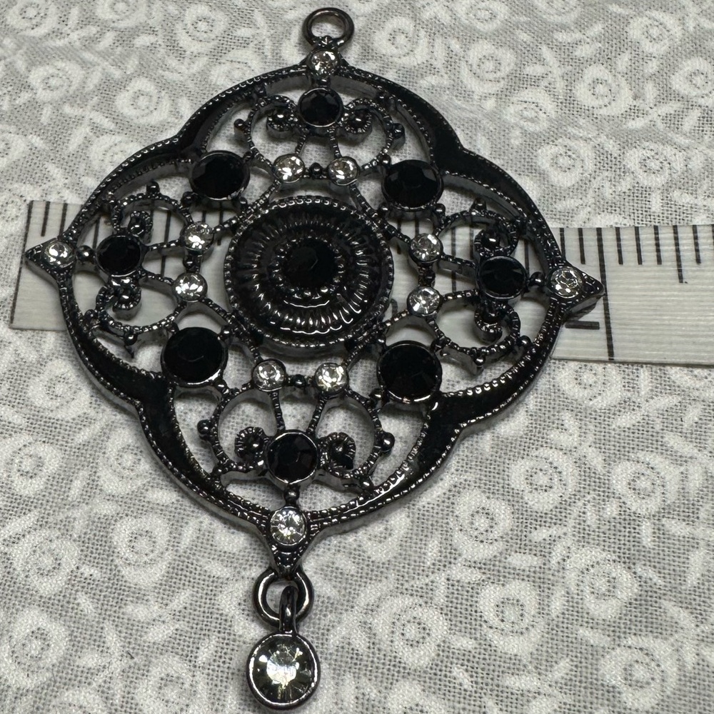 Pendant pewter or dark silver tone costume, jewelry clear & black rhinestones